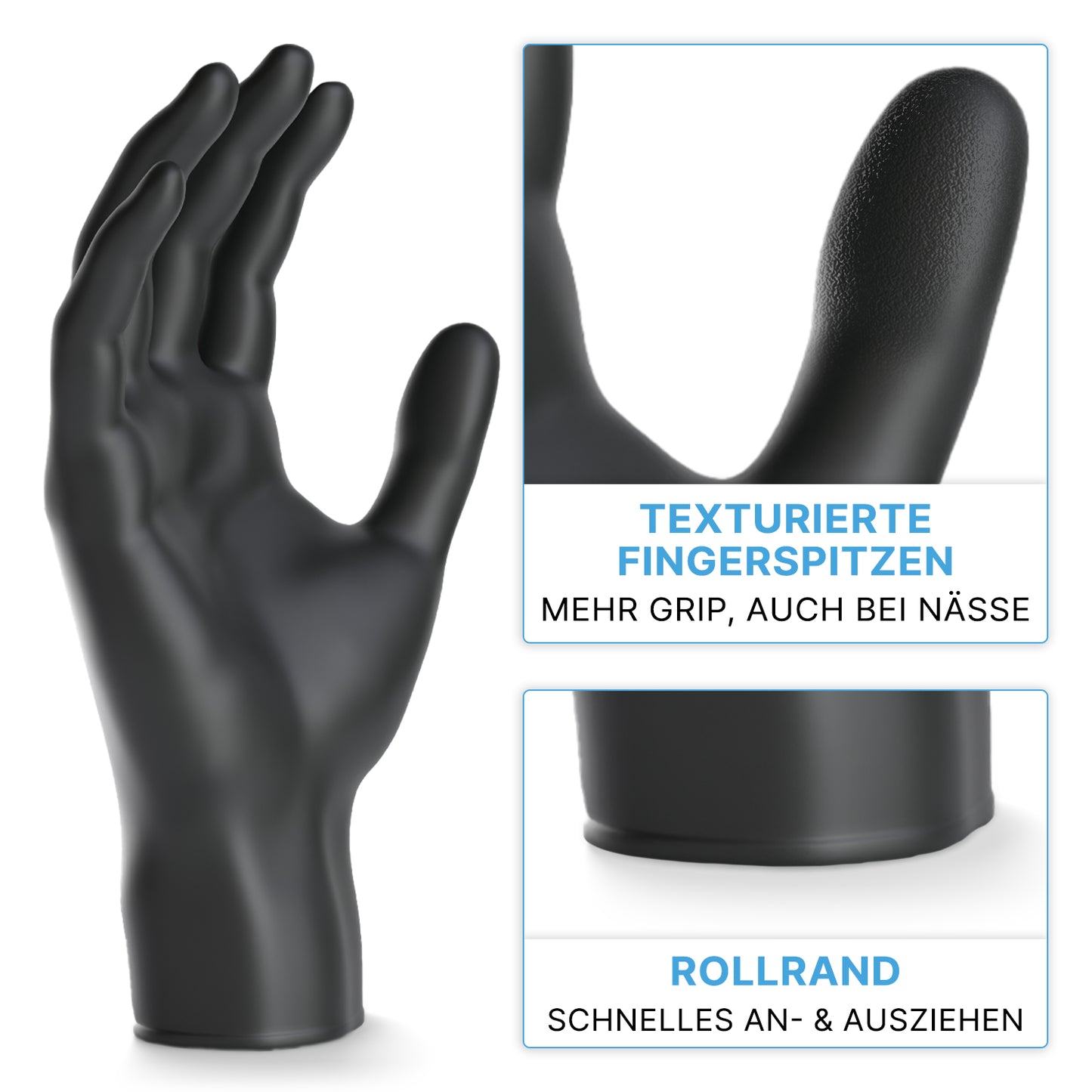 The ARNOMED NITRIL BLACK XTRA STRONG from ARNOWA GmbH is an extra thick black disposable glove made of nitrile with textured fingertips for optimal grip and a rolled cuff for quick on & off.
