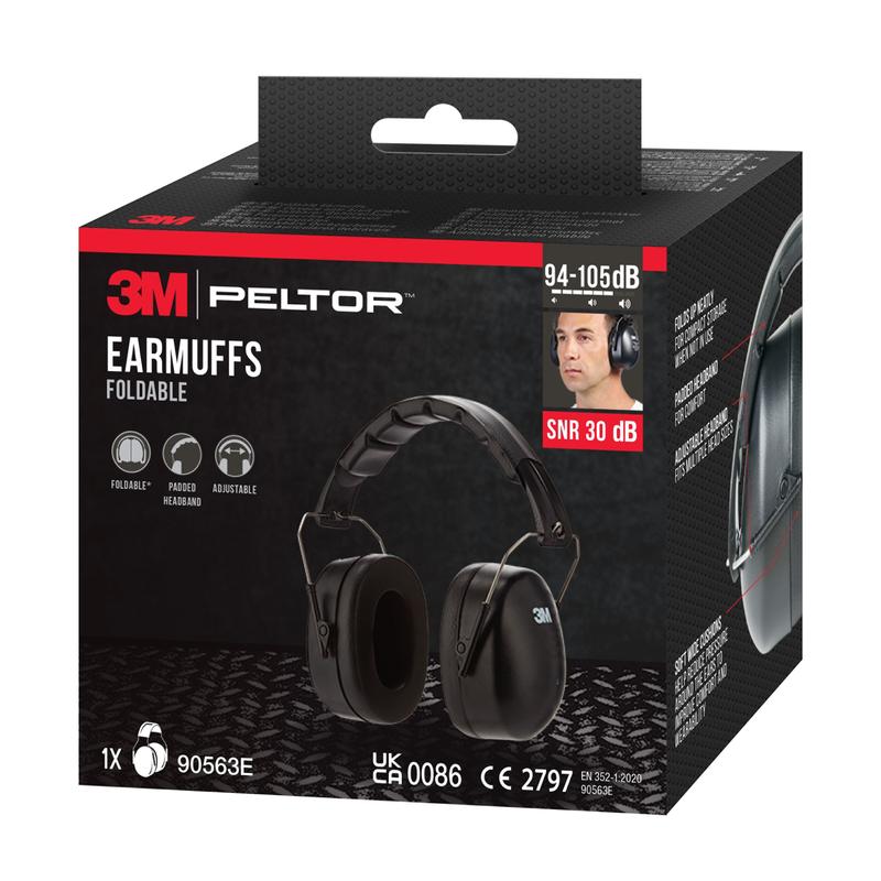 The packaging of the 3M™ capsule hearing protector with foldable headband 90563E, SNR 30 dB, shows the black model, product information, and a small photo of a person wearing the hearing protection. Manufacturer: 3M Deutschland GmbH.