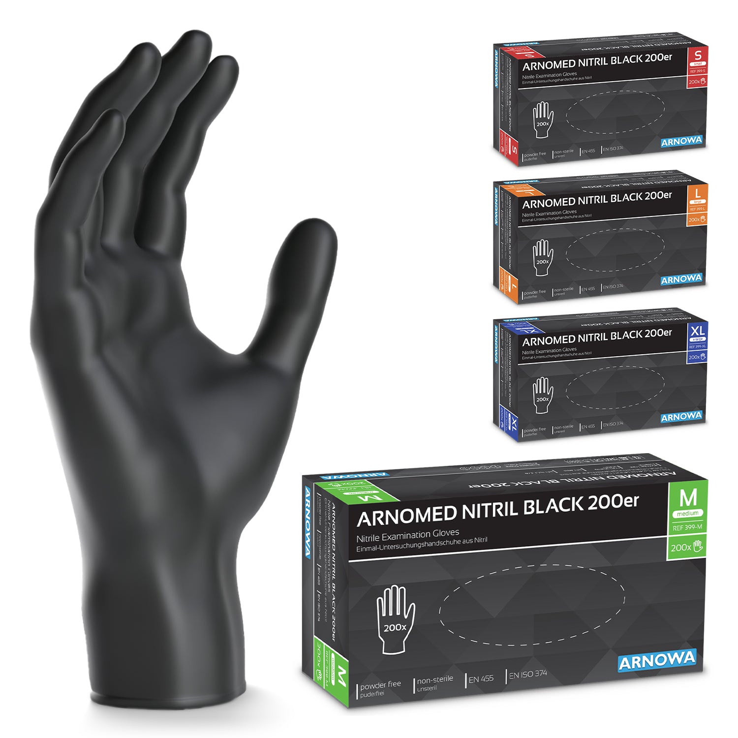 A black ARNOMED NITRIL BLACK 200-pack nitrile glove from ARNOWA GmbH stands upright next to four packaged 200-pack economy packs in red (S), orange (L), blue (XL), and green (M) - latex-free and powder-free.
