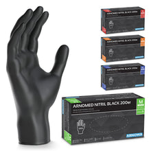 A black ARNOMED NITRIL BLACK 200-pack nitrile glove from ARNOWA GmbH stands upright next to four packaged 200-pack economy packs in red (S), orange (L), blue (XL), and green (M) - latex-free and powder-free.