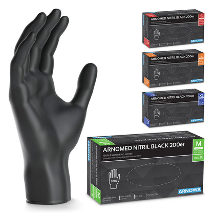 A black ARNOMED NITRIL BLACK 200-pack nitrile glove from ARNOWA GmbH stands upright next to four packaged 200-pack economy packs in red (S), orange (L), blue (XL), and green (M) - latex-free and powder-free.