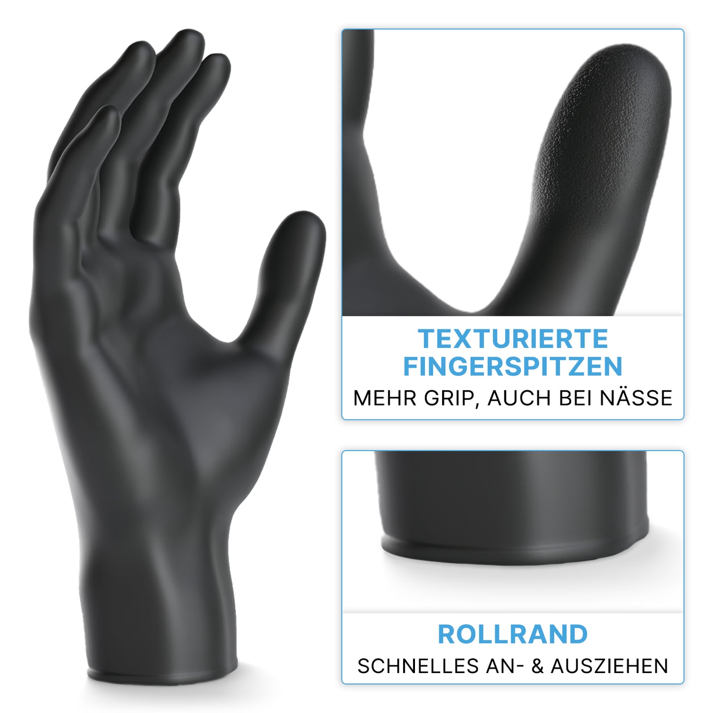 An ARNOMED NITRIL BLACK 200-pack nitrile glove from ARNOWA GmbH stands upright, close-ups show textured fingertips and a rolled cuff for easy donning; German labeling highlights latex-free and powder-free.