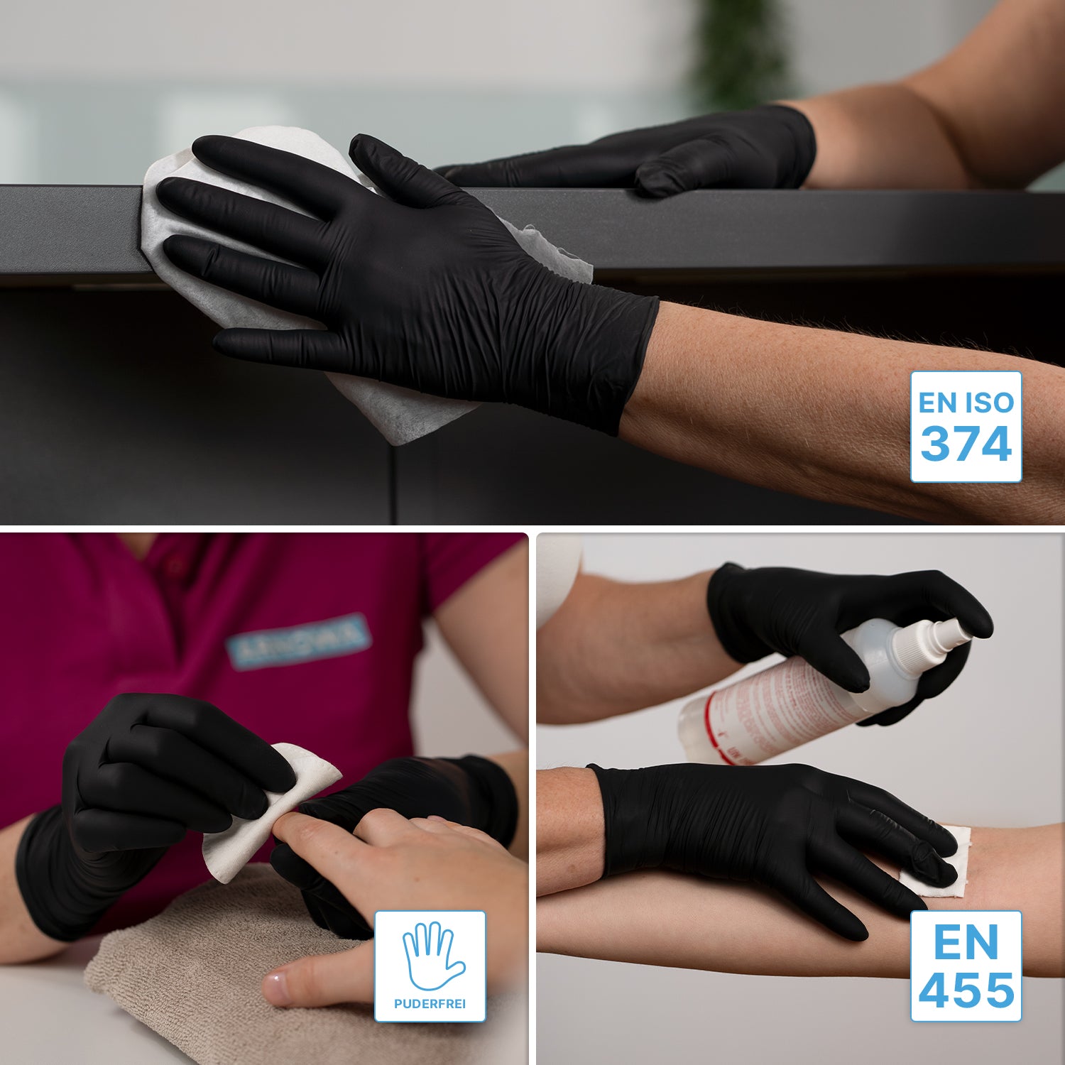 A collage shows hands in ARNOMED NITRIL BLACK 200-pack from ARNOWA GmbH cleaning, applying liquid, and wiping nails. EN ISO 374, EN 455, and a hand symbol highlight these latex-free, powder-free disposable gloves in the 200-pack economy pack.