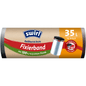 A roll of Swirl fastening tape garbage bags 35 l tear-resistant & leak-proof by Melitta Europa GmbH & Co. KG, with elastic fastening tape, holds 10 bags/roll (100% recycled plastic), with a garbage bin image and red-green German packaging.