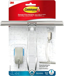 Command™ Bath and Shower Squeegee, Stainless Steel and Satin Nickel BATH32, 1 Squeegee + 1HK + 2 S Strips | Pack (1 set)