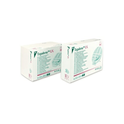 Two white boxes with 3M™ Tegaderm™ I.V. dressing with fabric reinforcement and fixation strips from Solventum Germany GmbH stand side by side on a white background, displaying product names and details in green and red lettering.