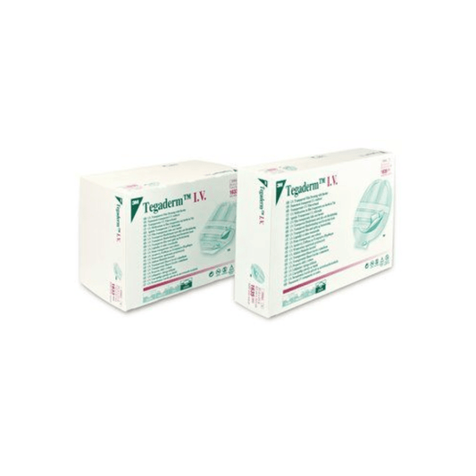 Two white boxes with 3M™ Tegaderm™ I.V. dressing with fabric reinforcement and fixation strips from Solventum Germany GmbH stand side by side on a white background, displaying product names and details in green and red lettering.
