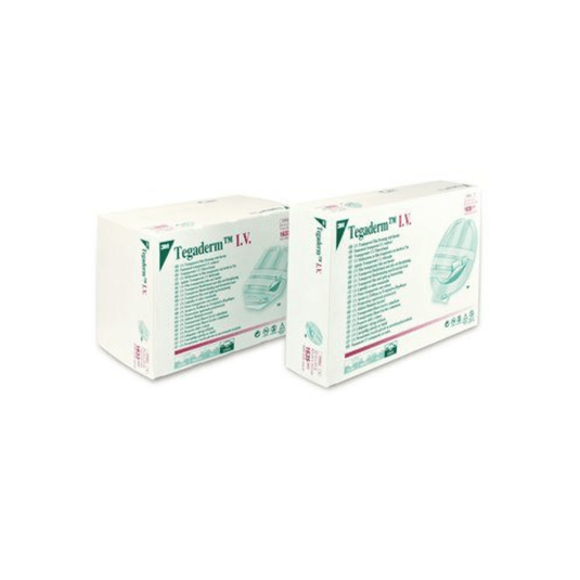 Two white boxes with 3M™ Tegaderm™ I.V. dressing with fabric reinforcement and fixation strips from Solventum Germany GmbH stand side by side on a white background, displaying product names and details in green and red lettering.