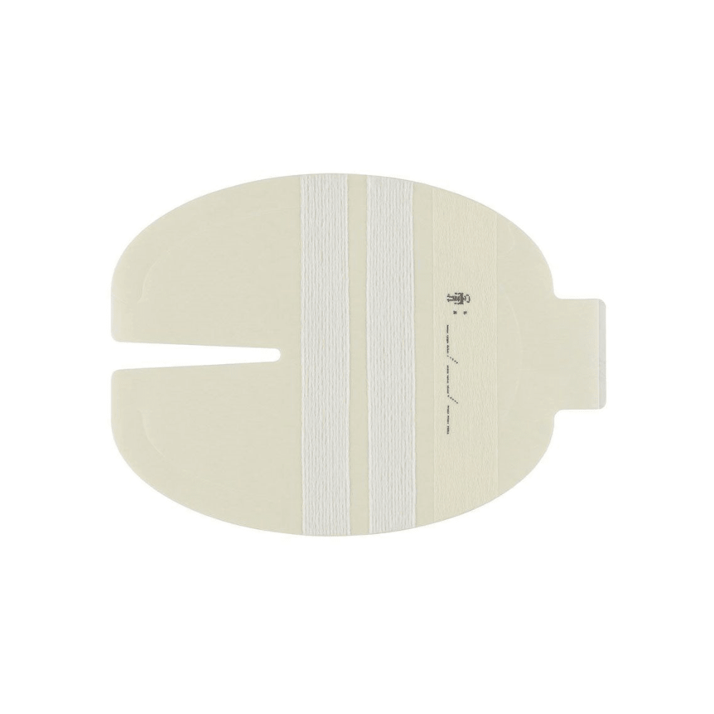 A beige plaster that fits around a medical device or surgical site is equipped with a central slit and two vertical white strips. Comparable to the 3M™ Tegaderm™ I.V. dressing with fabric reinforcement and fixation strips from 3M Healthcare Germany GmbH, it features a tab for easy application or removal.