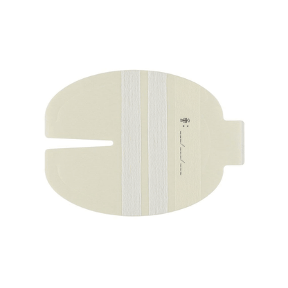 A beige plaster that fits around a medical device or surgical site is equipped with a central slit and two vertical white strips. Comparable to the 3M™ Tegaderm™ I.V. dressing with fabric reinforcement and fixation strips from 3M Healthcare Germany GmbH, it features a tab for easy application or removal.