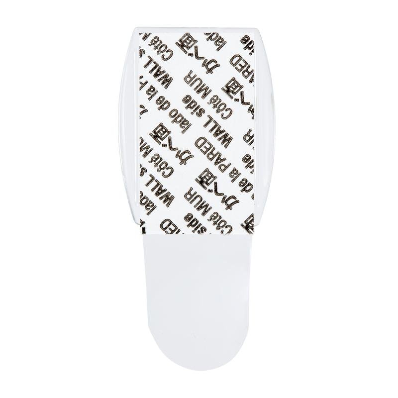 A 3M Command™ Mini Hook, transparent (17006CLRFGN) by 3M Deutschland GmbH, is seen from above - includes transparent strips with "3M Command" and "WALL" print, ideal for storage without drilling.