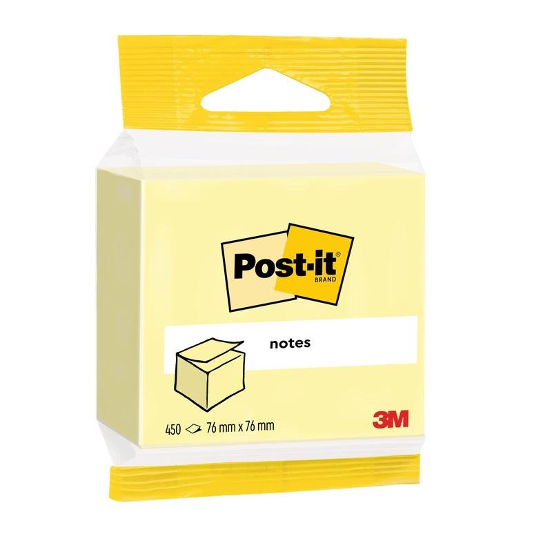 A 3M Deutschland GmbH Post-it® Notes cube, Yellow, 76x76 mm, 450 sheets per block, individually packaged. Contains the Post-it logo and is made from 100% PEFC-certified paper.