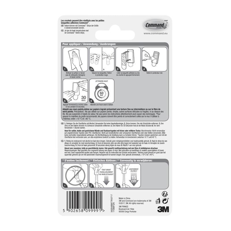 Back of Command™ Mini-Hook, 17066 (3M Deutschland GmbH) package with illustrated application and removal steps, perfect for small spaces; includes product details, warnings, website, and barcode at the bottom.