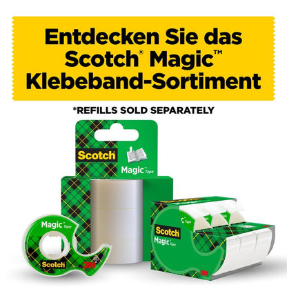 Pictured is the 3M Scotch® Magic™ Invisible Tape as a refill pack (1 roll, 19 mm x 25 m) from 3M Deutschland GmbH. Above it reads: "Discover the Scotch Magic Tape Range".