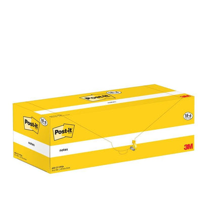 A yellow rectangular box of Post-it® Notes (3M Deutschland GmbH), 76x127mm, 100 sheets/pad, 18 pads + 6 free per pack, in a cardboard box. Ideal yellow sticky notes for organizing - 100% PEFC certified (SGSCH-PEFC-COC-110078).