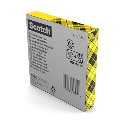A box of Scotch® double-sided tape, 1 roll (19 mm x 33 m) by 3M Deutschland GmbH shows a yellow-black checkered pattern, product information in multiple languages, and recycling symbols - ideal for crafting needs.