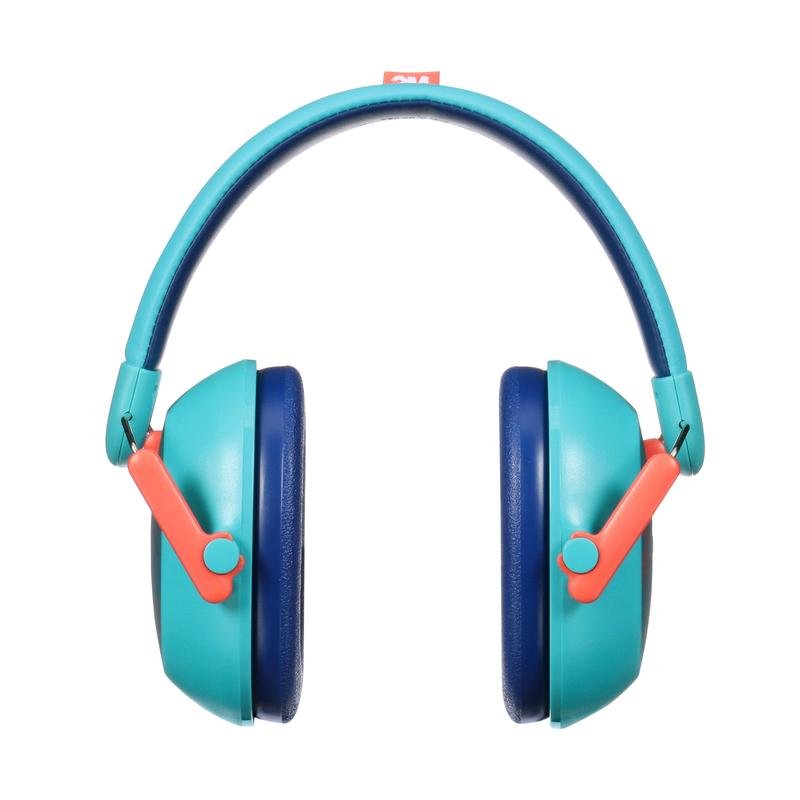 Pictured is the 3M™ Kids Hearing Protection PKIDSP-TEAL-E from 3M Deutschland GmbH in teal with dark blue ear cushions and orange hinges against a white background; ideal hearing protection for children (87-98 dB), single pack.