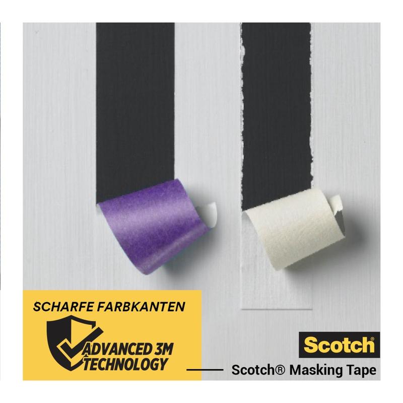 Two strips of tape - purple and white - are peeled off a painted surface, revealing sharp paint lines. The scene shows Scotch® Painter's Tape for delicate surfaces from 3M Deutschland GmbH, with a label stating: "Sharp paint lines, advanced 3M technology."