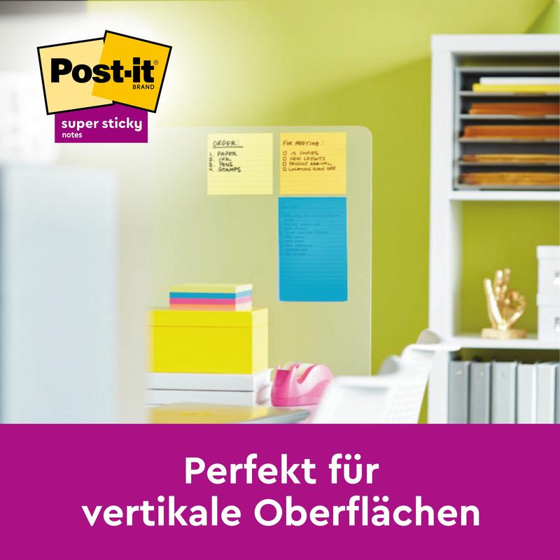 A glass board shows three Post-it® Super Sticky Notes in large format, lined (102 mm x 152 mm, 45 sheets/pad, 100% PEFC) from 3M Deutschland GmbH in the office. Text: "Perfect for vertical surfaces." Post-it brand logo visible.