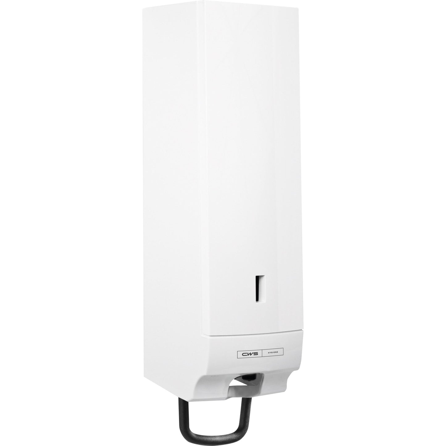 The CWS Paradise Cream Universal Soap Cream Dispenser is a tall, rectangular, white dispenser with a small slot on the front, a black metal lever at the bottom, and the CWS brand on the lower front, designed for hygienic soap dispensing.