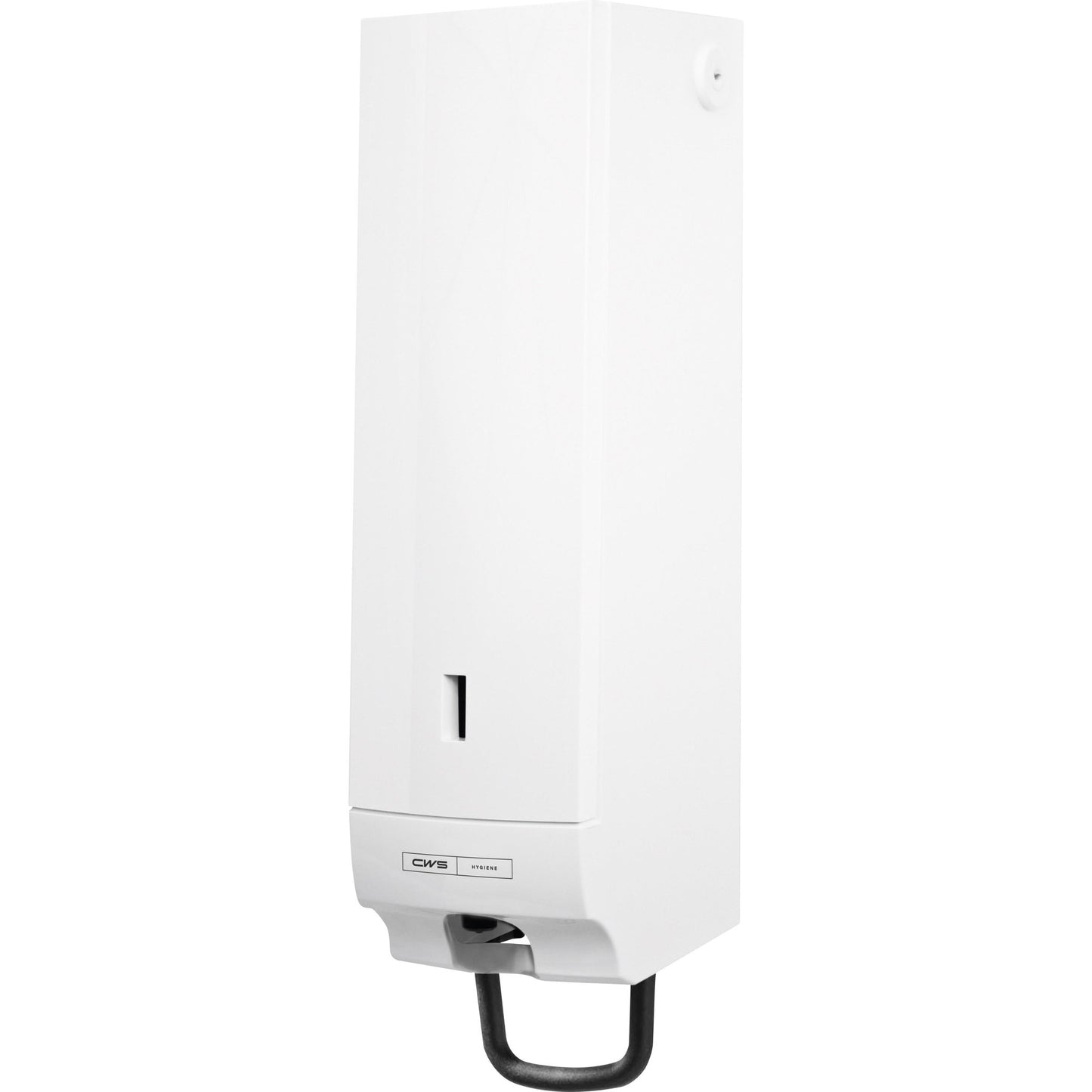 The CWS Paradise Cream Universal Soap Cream Dispenser is a white, wall-mounted soap dispenser with a sleek, vertical design and easy-to-use metal lever, ensuring a hygienic exchange like the CWS Paradise Cream system.