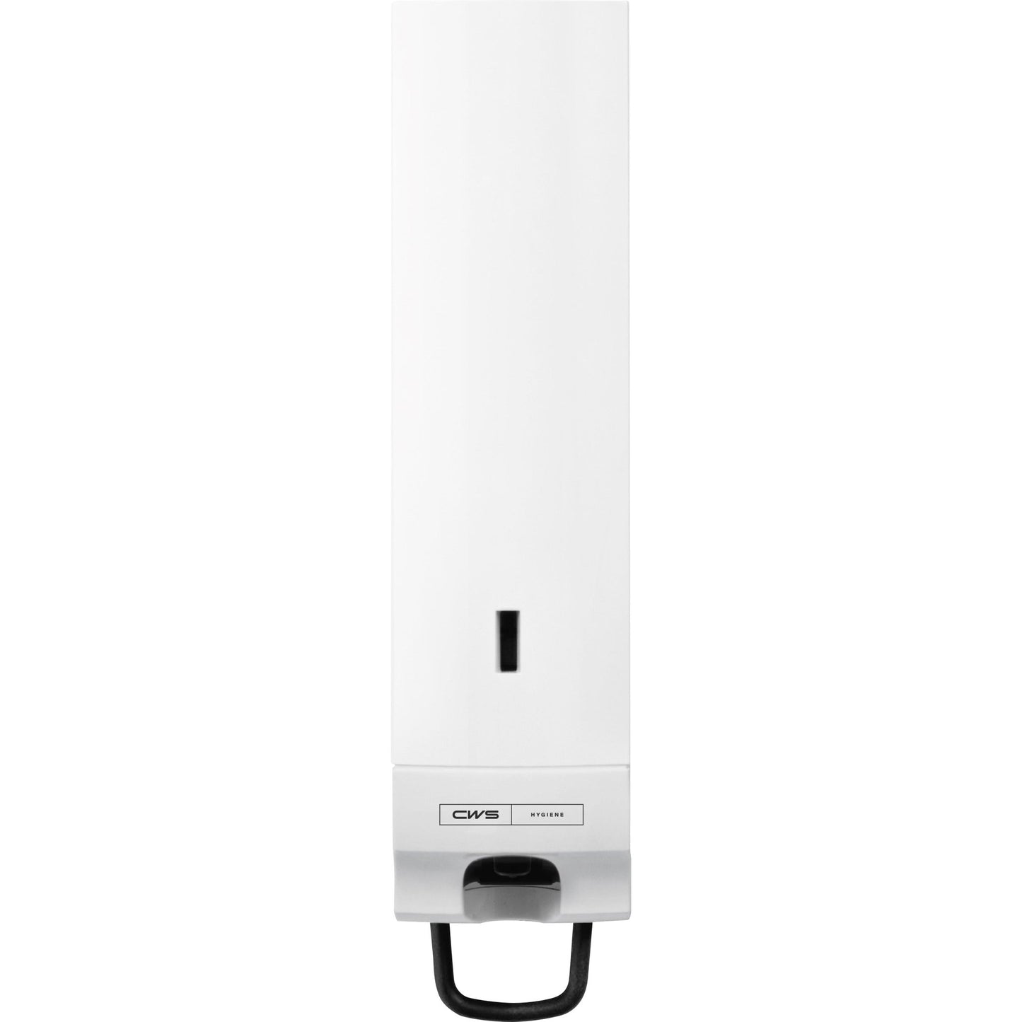 The CWS Paradise Cream Slim soap cream dispenser - With panel, white is a white wall-mounted dispenser with a black base grip, transparent fill window, "CWS HYGIENE" label, and click-in-bottle system for easy refilling. Brand: CWS.