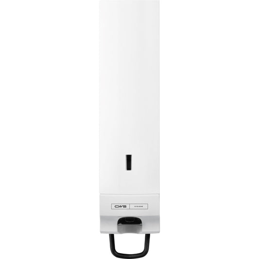 The CWS Paradise Cream Slim soap cream dispenser - With panel, white is a white wall-mounted dispenser with a black base grip, transparent fill window, "CWS HYGIENE" label, and click-in-bottle system for easy refilling. Brand: CWS.