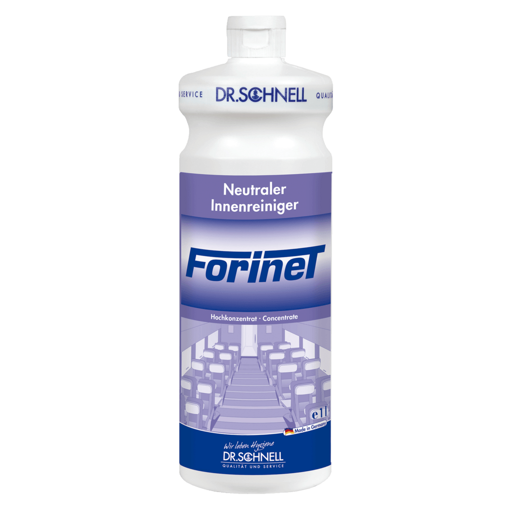 A white bottle of Dr. Schnell FORINET vehicle interior cleaner by DR.SCHNELL GmbH & Co. KGaA, with a blue-white label showing an interior, ideal for cleaning car interiors and removing stubborn dirt.