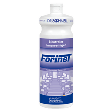 A white bottle of Dr. Schnell FORINET vehicle interior cleaner by DR.SCHNELL GmbH & Co. KGaA, with a blue-white label showing an interior, ideal for cleaning car interiors and removing stubborn dirt.