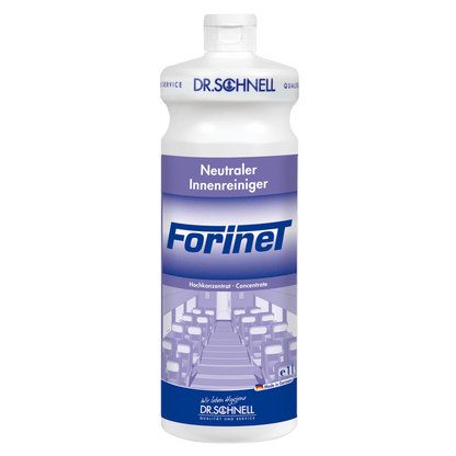 A white bottle of Dr. Schnell FORINET vehicle interior cleaner by DR.SCHNELL GmbH & Co. KGaA, with a blue-white label showing an interior, ideal for cleaning car interiors and removing stubborn dirt.