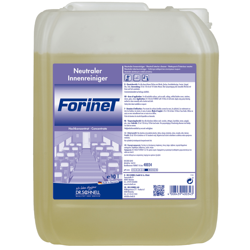 A 10-liter plastic container of the Dr. Schnell FORINET vehicle interior cleaner by DR.SCHNELL GmbH & Co. KGaA, with a white lid and a large label featuring application instructions, symbols, and images for effective interior cleaning of vehicles.