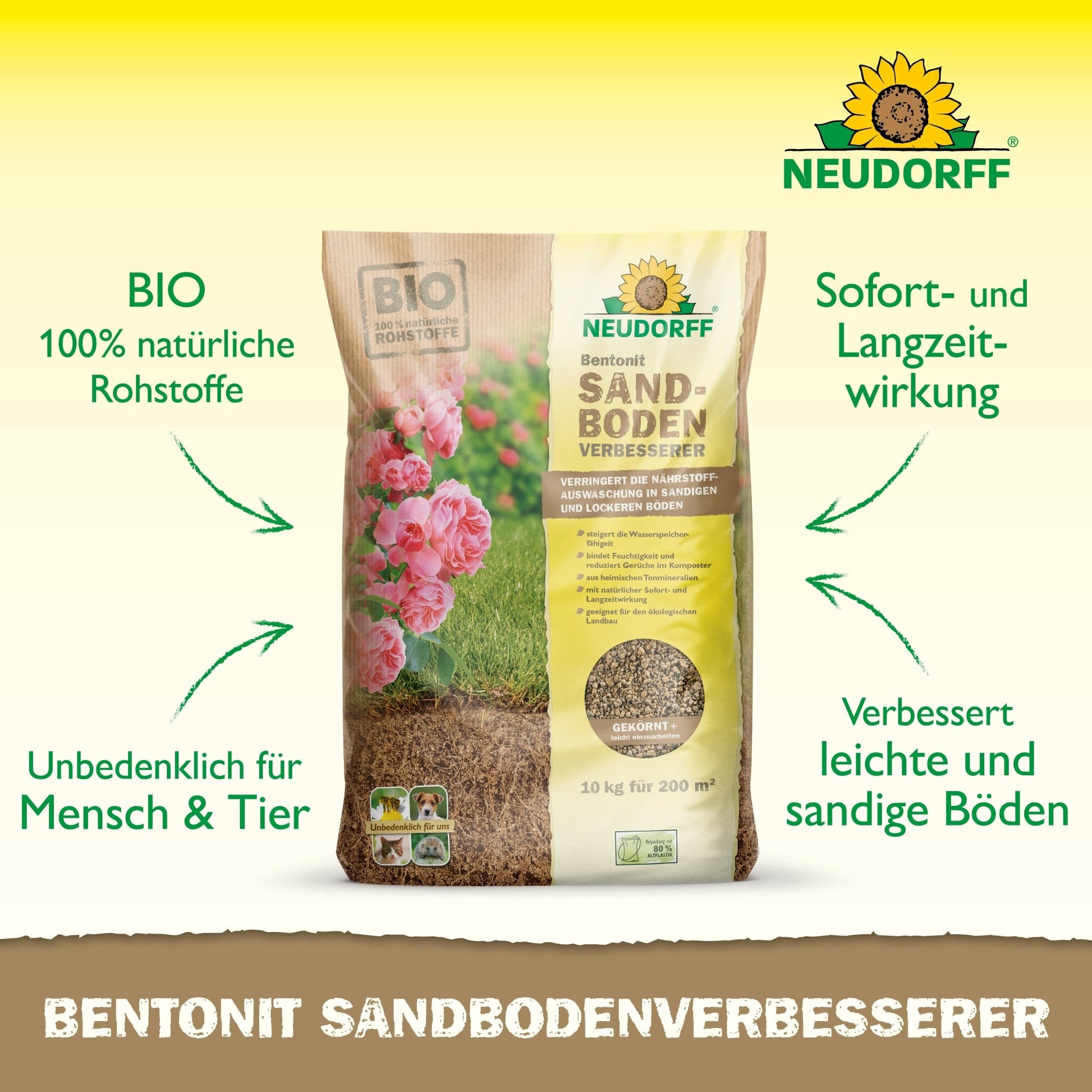 A 10-kg bag of Neudorff Shop Bentonite Sand Soil Improver stands upright on a light surface. The packaging is adorned with pink roses and product information highlighting the clay minerals for nutrient storage and sand soil improvement.