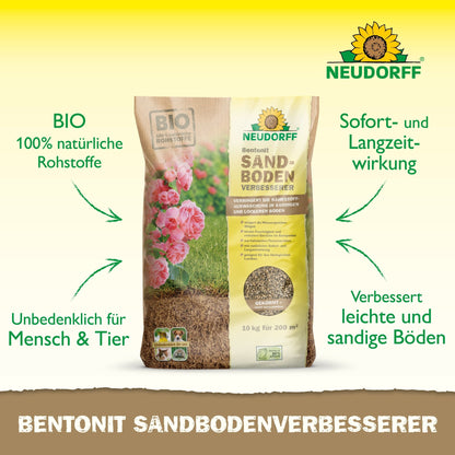 A 10-kg bag of Neudorff Shop Bentonite Sand Soil Improver stands upright on a light surface. The packaging is adorned with pink roses and product information highlighting the clay minerals for nutrient storage and sand soil improvement.