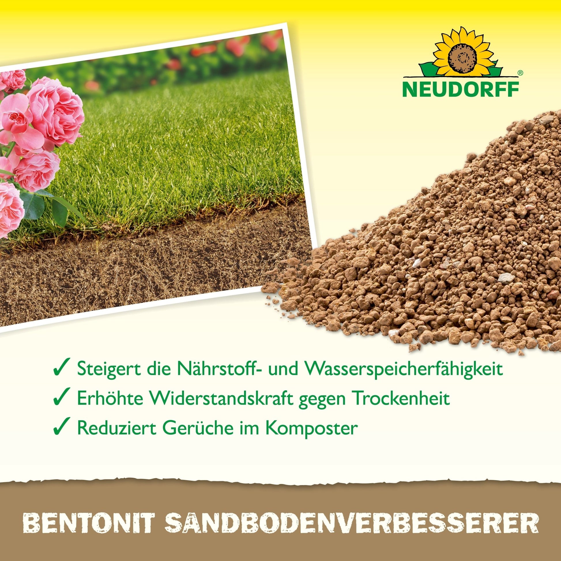 A Neudorff Shop Bentonite Sand Soil Improver advertisement shows healthy grass, soil, granulated clay minerals, pink flowers, and German text highlighting the benefits of nutrient storage.