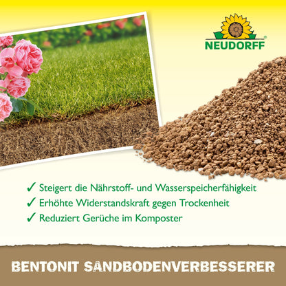 A Neudorff Shop Bentonite Sand Soil Improver advertisement shows healthy grass, soil, granulated clay minerals, pink flowers, and German text highlighting the benefits of nutrient storage.