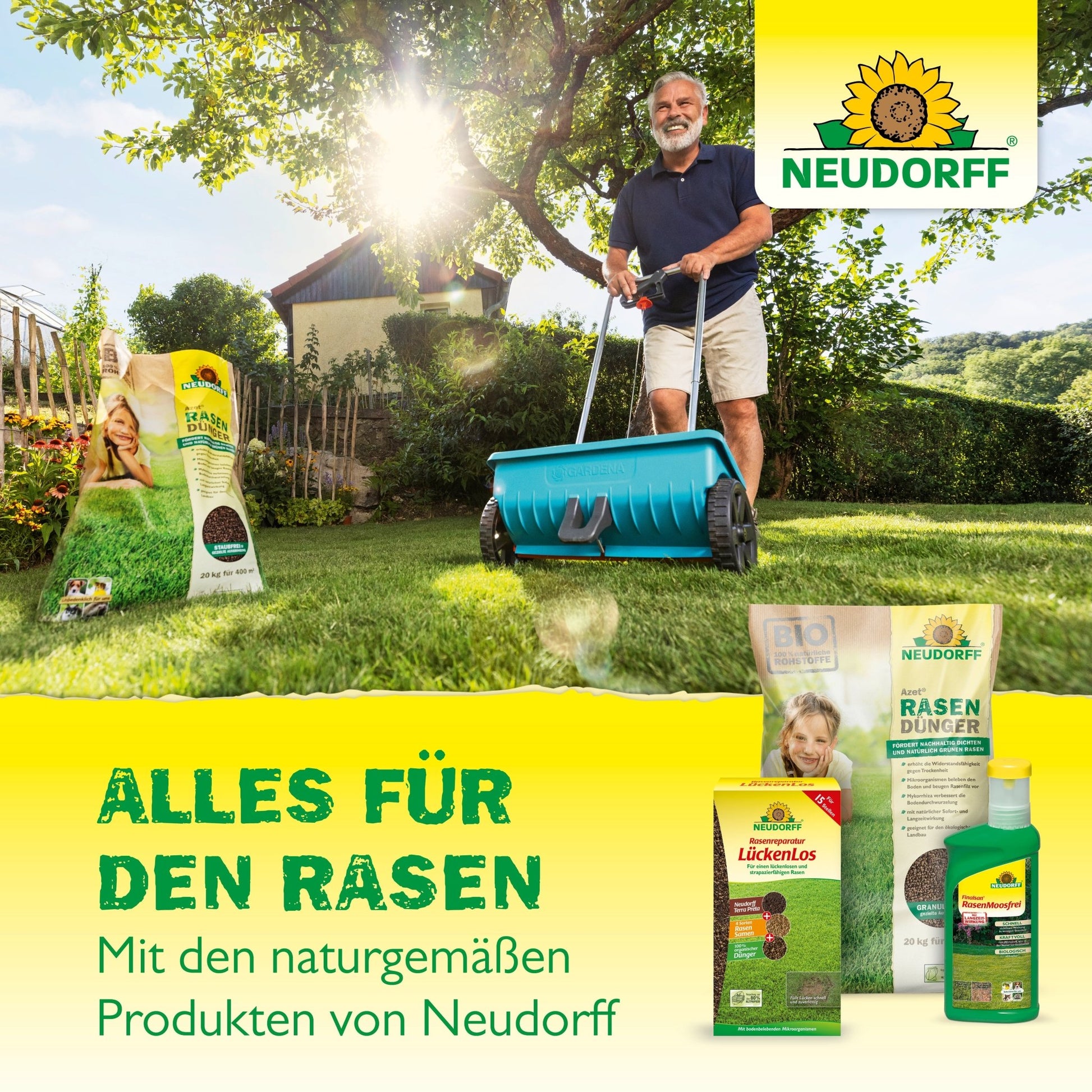 A man pushes a lawn aerator on green grass in a sunny garden. In the foreground, Neudorff Shop Bentonite Sand Soil Improver is visible. The Neudorff logo and German text appear at the bottom of the image.