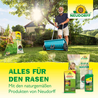 A man pushes a lawn aerator on green grass in a sunny garden. In the foreground, Neudorff Shop Bentonite Sand Soil Improver is visible. The Neudorff logo and German text appear at the bottom of the image.