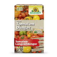 A rectangular box of Azet Tomato Fertilizer from Neudorff Shop with tomato images, branding, and German text highlights the organic formula for long-term fertilization and abundant tomato harvests.