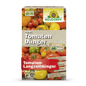 A rectangular box of Azet Tomato Fertilizer from Neudorff Shop with tomato images, branding, and German text highlights the organic formula for long-term fertilization and abundant tomato harvests.