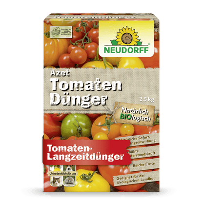 A box of Neudorff Shop Azet Tomato Fertilizer, 2.5 kg, with tomato images on the packaging highlights the biological formula, ideal for tomato fertilization and promising a rich harvest for organic farming.
