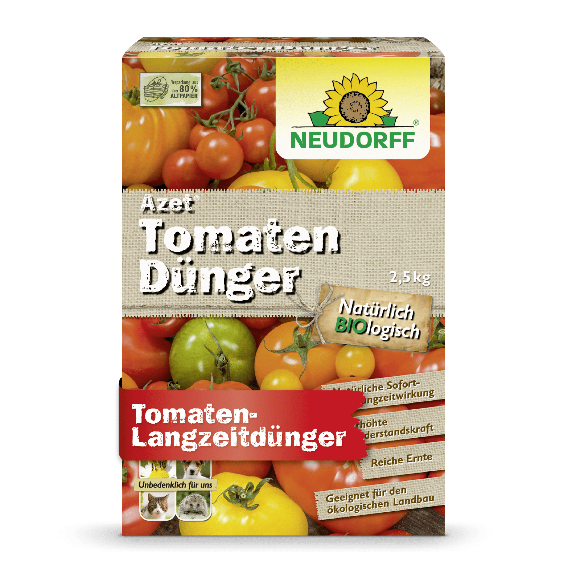 A 2.5 kg package of Neudorff Shop Azet Tomato Fertilizer shows tomatoes and a yellow flower, advertising with text that promises long-term effectiveness for tomato fertilization and a rich harvest.
