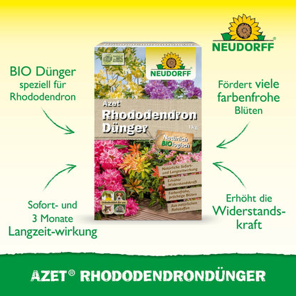 Pictured is a box of Azet Rhododendron Fertilizer from Neudorff Shop with vibrant rhododendrons and azaleas on the packaging and the organic complete fertilizer formula for healthy blooming with immediate and long-term effects.