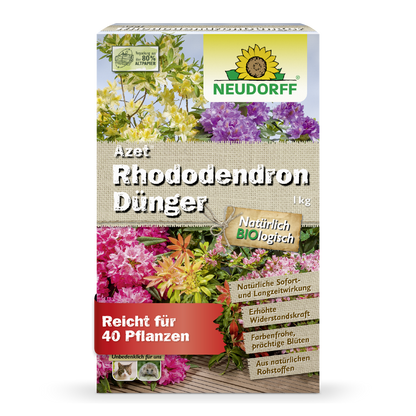 A 1 kg rectangular box of Azet Rhododendron Fertilizer from Neudorff Shop is adorned with blooming flowers, German product information, and a green-yellow Neudorff logo, making it ideal for rhododendrons and azaleas.
