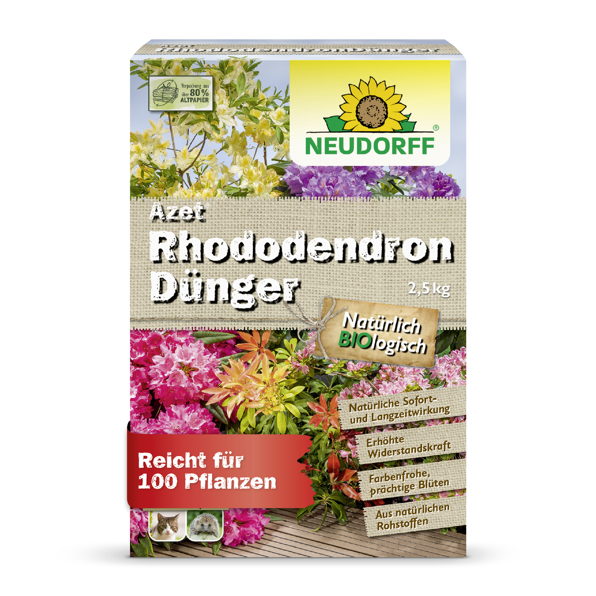 A 2.5 kg package of Neudorff Shop Azet Rhododendron Fertilizer, an organic fertilizer for rhododendrons and azaleas, with pictures of blooming flowers and German product details on the front of the packaging.