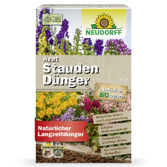 A box of Neudorff Shop Azet Perennial Fertilizer, an organic fertilizer for gardens and perennials, with colorful flowers and German product information on the front.