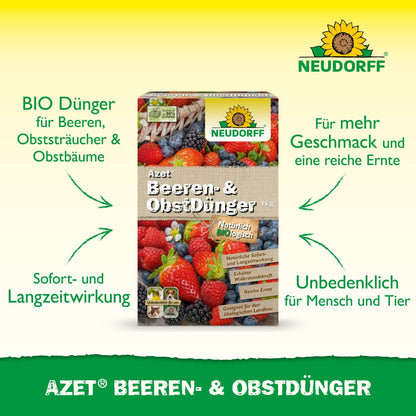 Depicted is a box of Neudorff Shop Azet Berry & Fruit Fertilizer for strawberries and berry bushes with a text highlighting the long-lasting effect, improved fruit taste, and safety for humans and animals.
