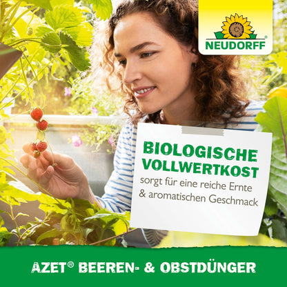 A woman examines ripe strawberries in a greenhouse. The image shows the Neudorff Shop logo and the German text promoting Azet Berry & Fruit Fertilizer for fruit bushes and berries, ensuring a rich harvest and aromatic taste.