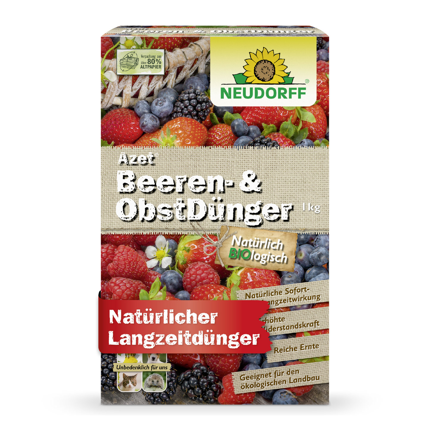 On a box of Neudorff Shop Azet Berry & Fruit Fertilizer, an organic fertilizer for strawberries and berry bushes, various berries are depicted, and the packaging advertises the natural and long-lasting benefits.