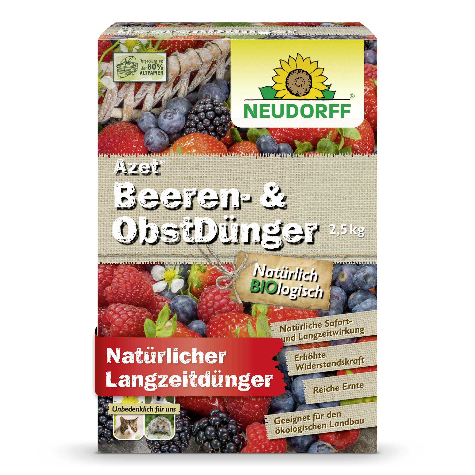 The 2.5 kg Azet Berry & Fruit Fertilizer from Neudorff Shop is an organic fertilizer for strawberries and berry bushes. Various berries, product details, and organic certification labels are depicted on the packaging.