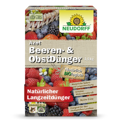The 2.5 kg Azet Berry & Fruit Fertilizer from Neudorff Shop is an organic fertilizer for strawberries and berry bushes. Various berries, product details, and organic certification labels are depicted on the packaging.
